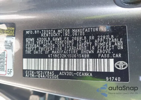 2005 Toyota Camry Le z USA, uszkodzony, nr VIN 4T1BE32K15U615498